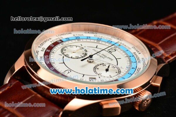 Patek Philippe Complicated World Time Chrono Miyota Quartz Rose Gold Case with Brown Leather Strap and White Dial - Click Image to Close